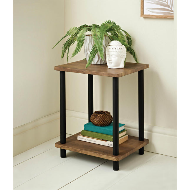 2 Tier Rustic Oak Side Table with Black Legs Living Room Bedroom Coffee End Table