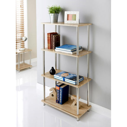 Oak Effect 4 Tier Shelf Unit Stainless Steel Legs