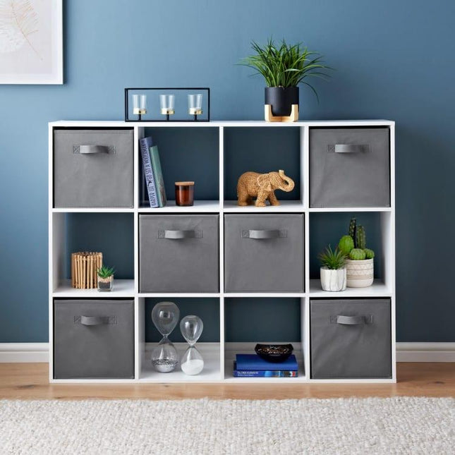 12 Cube Storage Unit with Grey Baskets Wooden Bookcase Shelving Organiser