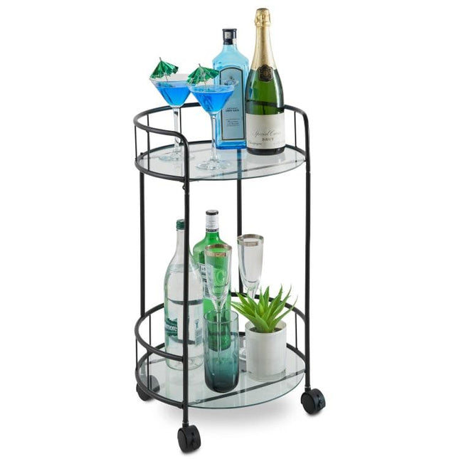 Stylish Black Drinks Trolley Two Glass Shelves Eye Catching Black With Castor