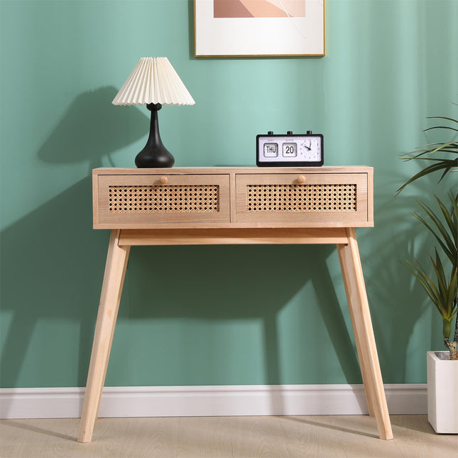 Rattan 2 Drawer Console Table Hallway Living Room Storage Side Table