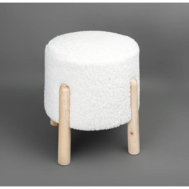Faux Sheep Skin Footstool White Fur with Wooden Legs