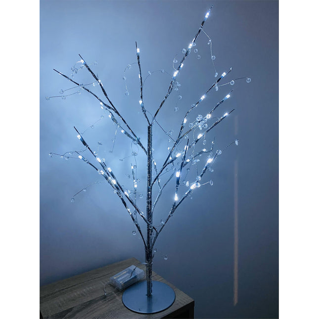 70cm Pre-Lit Jewelled Glitter Twig Tree Silver Christmas Decorations