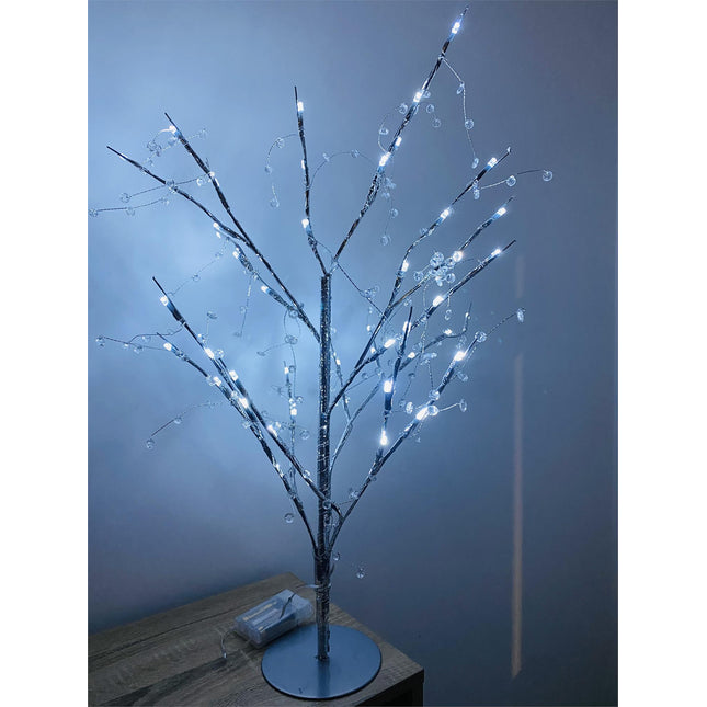 70cm Pre-Lit Jewelled Glitter Twig Tree Silver Christmas Decorations