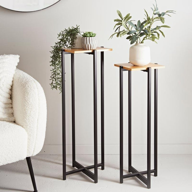 Tall Plant Stand Set of 2 Bamboo Effect Black Metal Flower Pot Display Stands