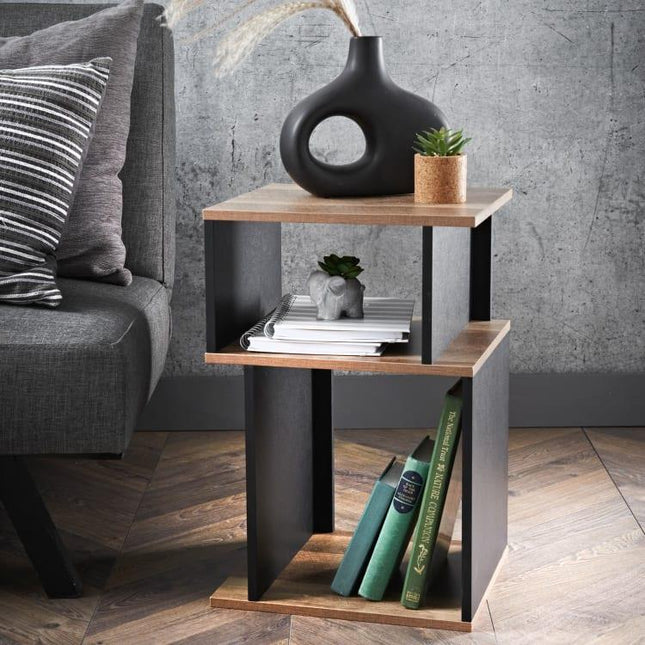 2 Tier Side Table Oak & Black Bedside Sofa Living Room Furniture