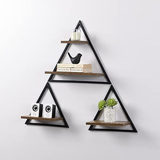 Set of 3 Triangle Floating Hanging Shelves - Rustic