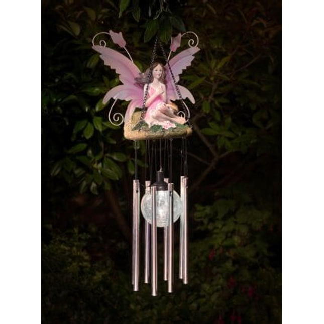 Wind Chimes Fairy Hanging Solar Powered LED Crackle Ball - Pink