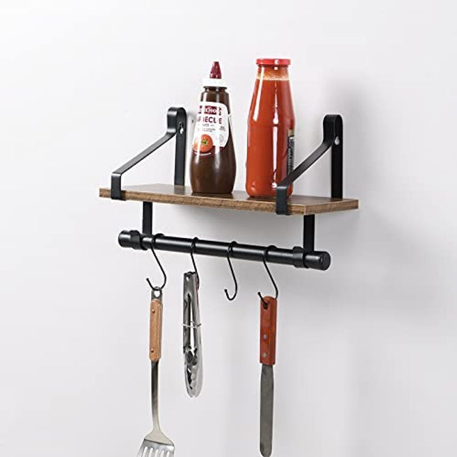 Rectangle Floating Hanging Shelf with Hooks- Rustic